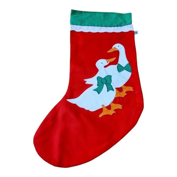 VTG Christmas Geese Embroidered Appliqued Red Green Polka Dot Holiday Stocking - Picture 1 of 5